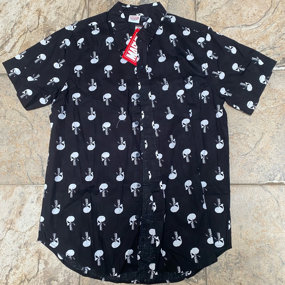 Marvel Punisher Black Short-Sleeve Button-Down Shirt Men’s Size Medium